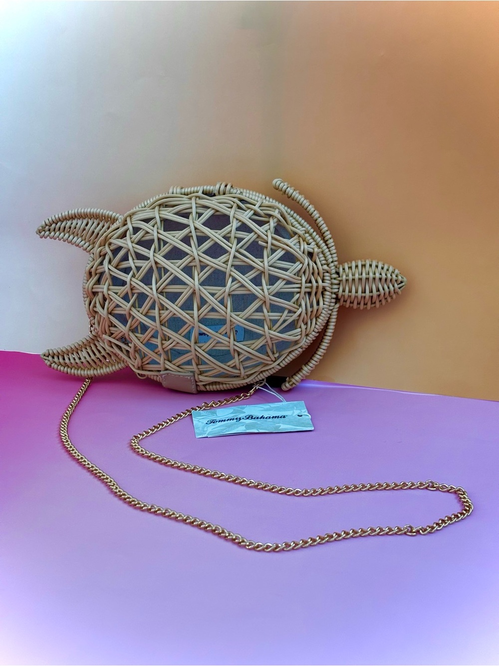 Tommy Bahama Woven Turtle Crossbody in Natural Tan with Gold Chain